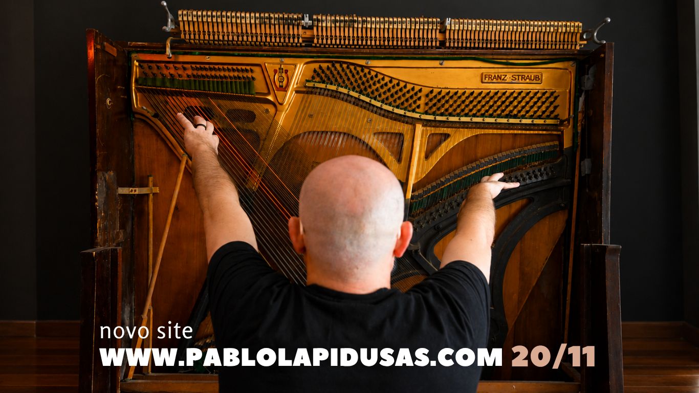 Pablo Lapidusas, de costas, com as mãos nas cordas de um piano aberto.